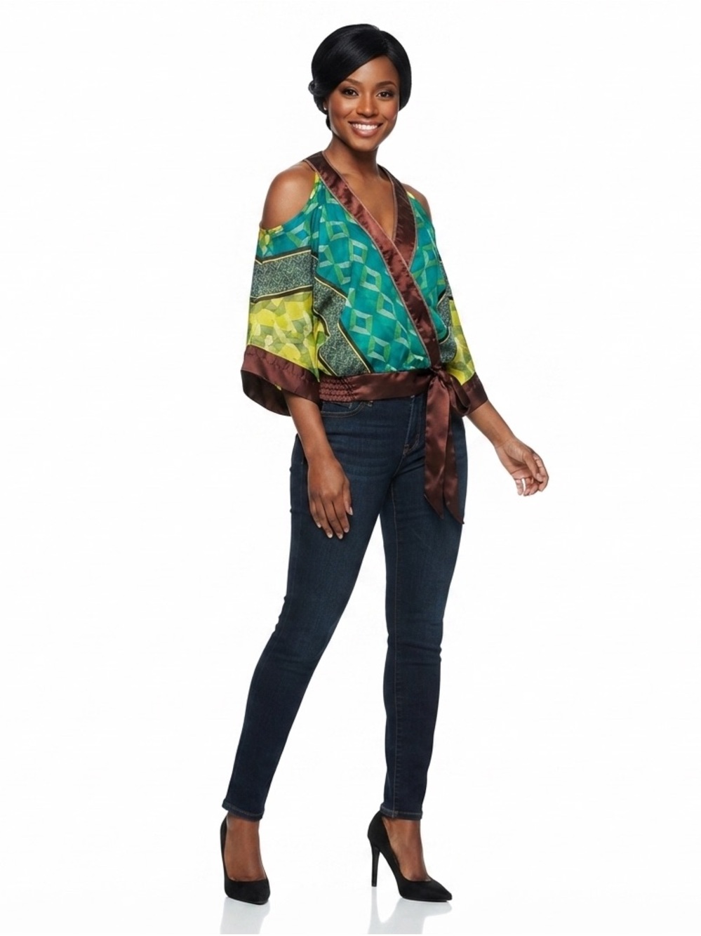 XOXO Stylish Green And Brown Cold Shoulder Women's Top Size L